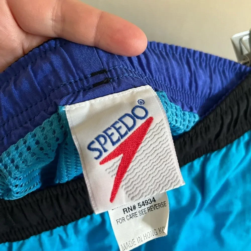Vintage 90s Speedo Swim Trunks Blue Black Nylon Shorts Unisex Large